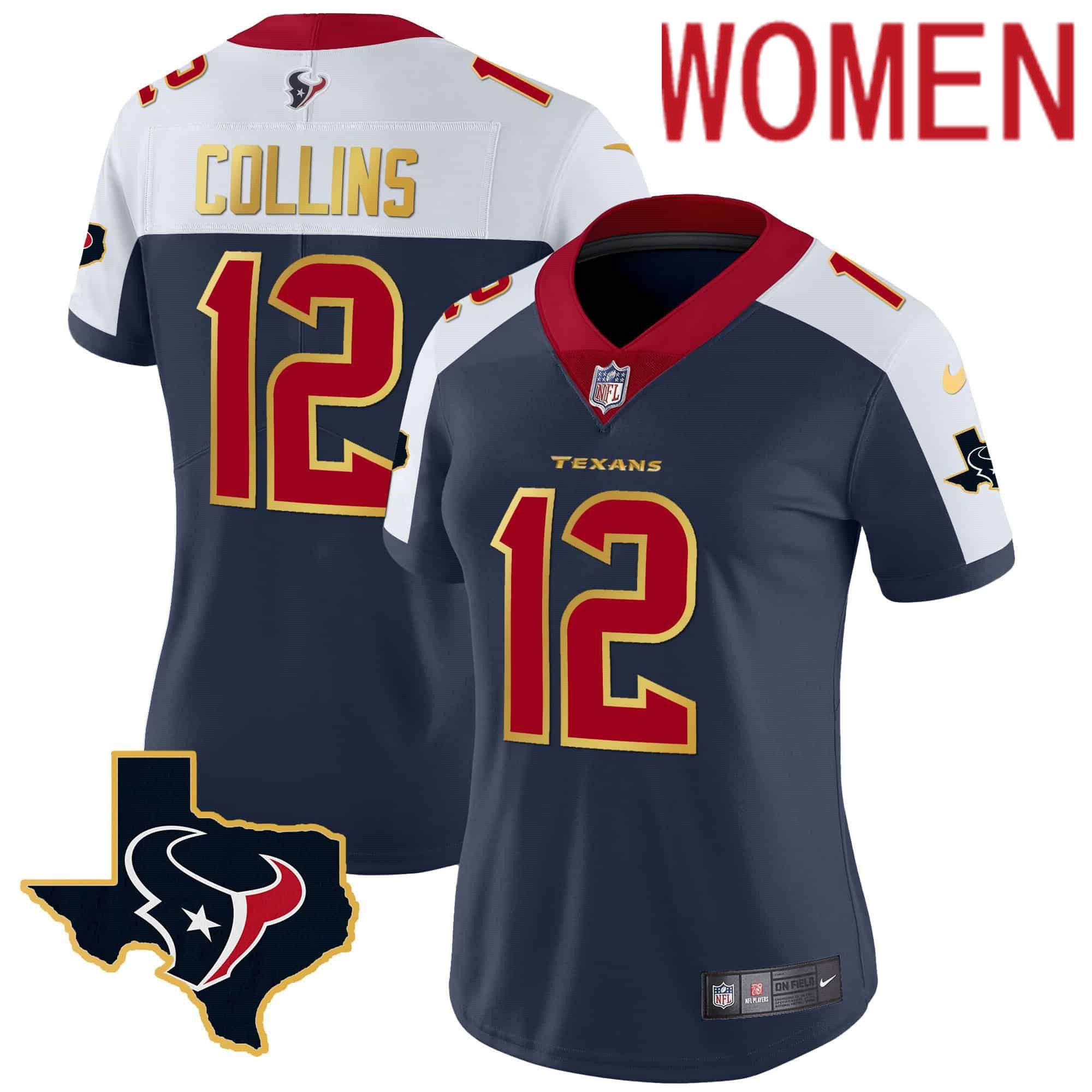 Women Houston Texans 12 Collins Dark blue Gold 2024 Nike Trim Vapor NFL Jersey